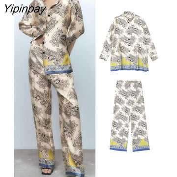 Yipinpay 2023 Spring Autumn Women Printed Shirts Suit Oversized Fashion Single Breasted Blouses 2 Pcs Wide Leg Pants Street Outwear